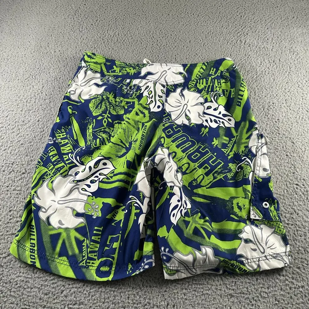 Vtg Billabong Board Shorts Mens 36 Blue Green Floral Hawaiian Surf Swim Trunks